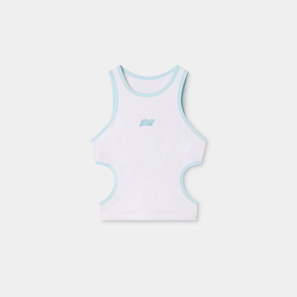 Camiseta de tirantes técnica de running para mujer Medes Vest en blanco y azul - BILMA colección Respect the Distance